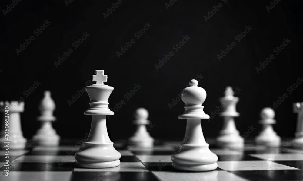 Elegant close-up of white chess pieces on a board, featuring a king and queen, with a dramatic black background highlighting the strategic game of chess. Elegant close-up of white chess pieces on a board, featuring a king and queen, with a dramatic black background highlighting the strategic game of chess.