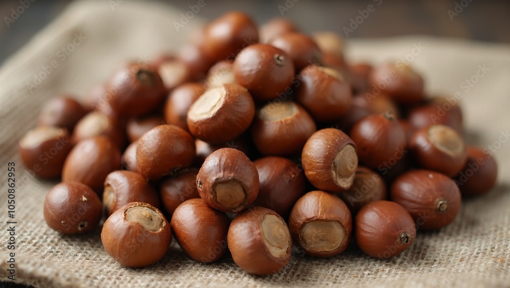 Fresh hazelnuts with shells on rustic cloth Fresh hazelnuts with shells on rustic cloth