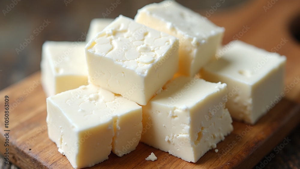 Fresh feta cheese cubes on wooden board