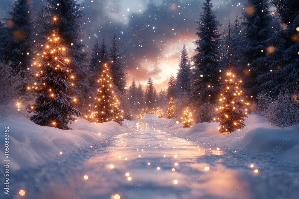 Beautiful snow-covered Christmas trees glowing with lights in a serene winter forest. A peaceful holiday scene during twilight with snowflakes gently falling. Beautiful snow-covered Christmas trees glowing with lights in a serene winter forest. A peaceful holiday scene during twilight with snowflakes gently falling.