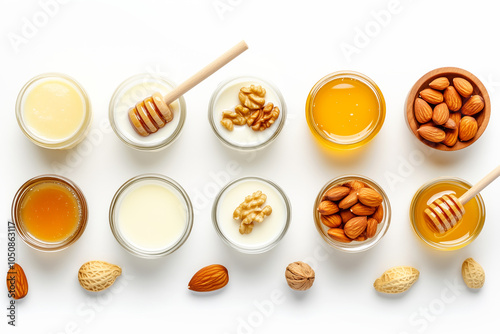 Wallpaper Mural Various jars filled with honey, nuts, and yogurt arranged artistically, on a white background Torontodigital.ca