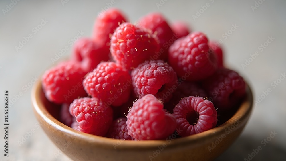 Fresh raspberries in rustic wooden bowl on neutral backdrop Fresh raspberries in rustic wooden bowl on neutral backdrop