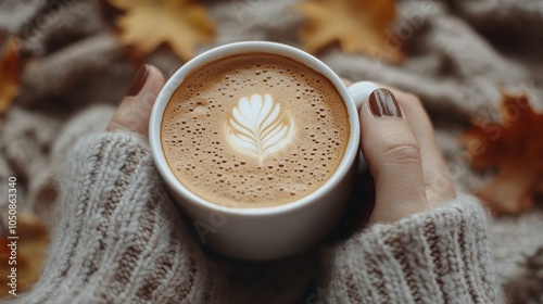 Cozy autumn afternoon with a warm cup of latte resting on a textured blanket ...