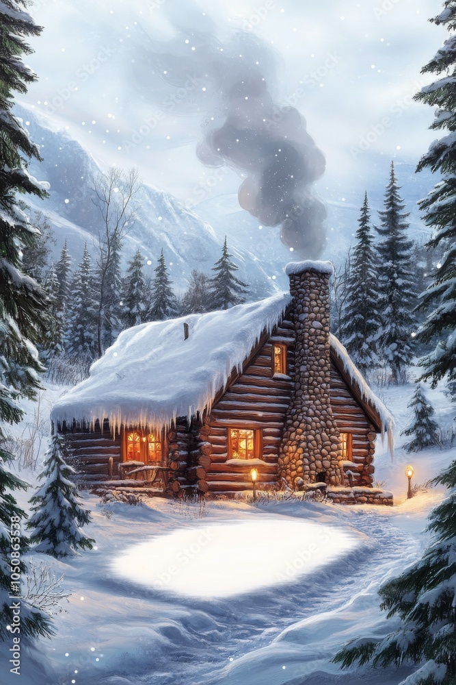 Naklejka premium Cozy log cabin in a snowy forest landscape at dusk with warm lights glowing from the windows