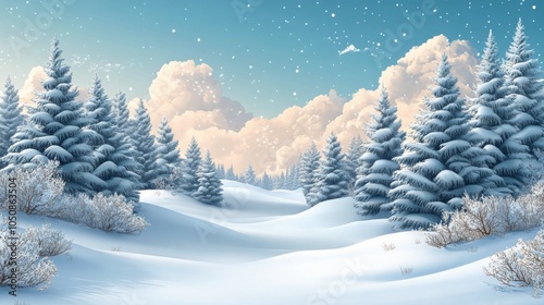 Snowfall in a tranquil winter landscape with evergreen trees during a serene ...