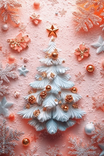 Elegant holiday decorations featuring pastel ornaments and frosty pinecones b...