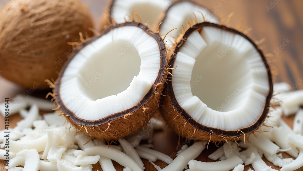 Fresh coconut sliced open white flesh fibrous shell shredded coconut scattered Fresh coconut sliced open white flesh fibrous shell shredded coconut scattered