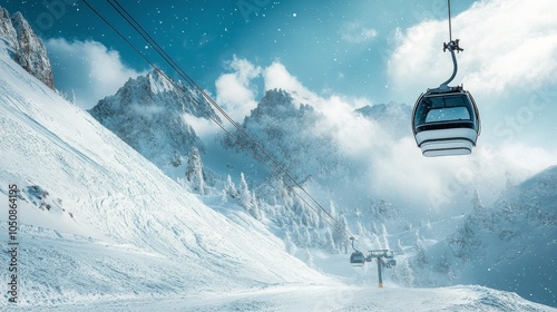 Winter gondola ride through snowy mountains at sunrise with trees in the fore...