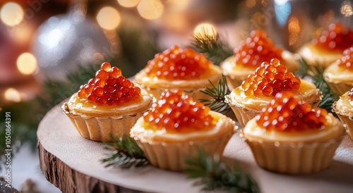 Festive tartlets with vibrant caviar on a wooden tray for a holiday gathering photo