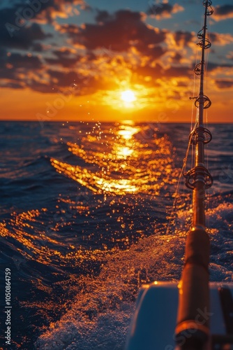 Sunset fishing on calm waters near the coast, capturing golden light reflecti...