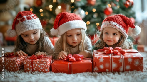 Two happy kids eagerly getting ready to open Christmas gifts in a cozy, festi...