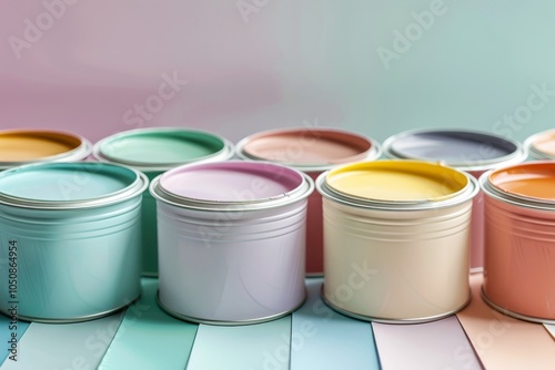 A neatly arranged lineup of paint cans in soft pastel shades, set against a complementary pastel background, perfect for interior design inspiration.. photo