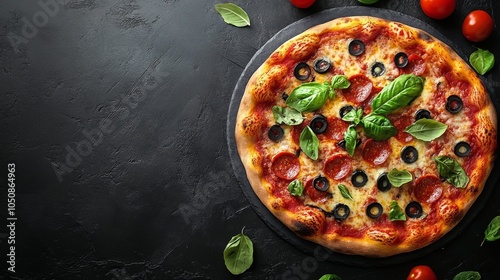 Delicious homemade pizza topped with fresh basil, tomatoes, and olives on a r...