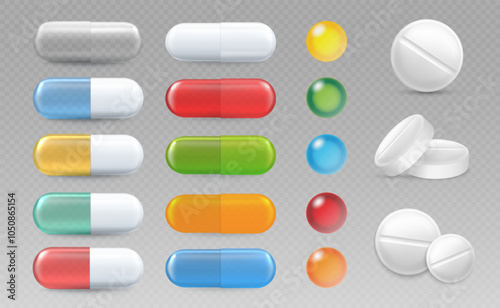 Pills, tablets and drug medicines, realistic capsules. Medicament painkillers, antibiotics, contraception, bio active additives. 3d vector set