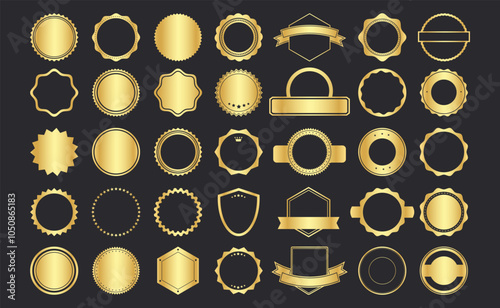 Golden element design collection for label and logo. Gold badges set in flat style. Medal and award frames. Vector illustration