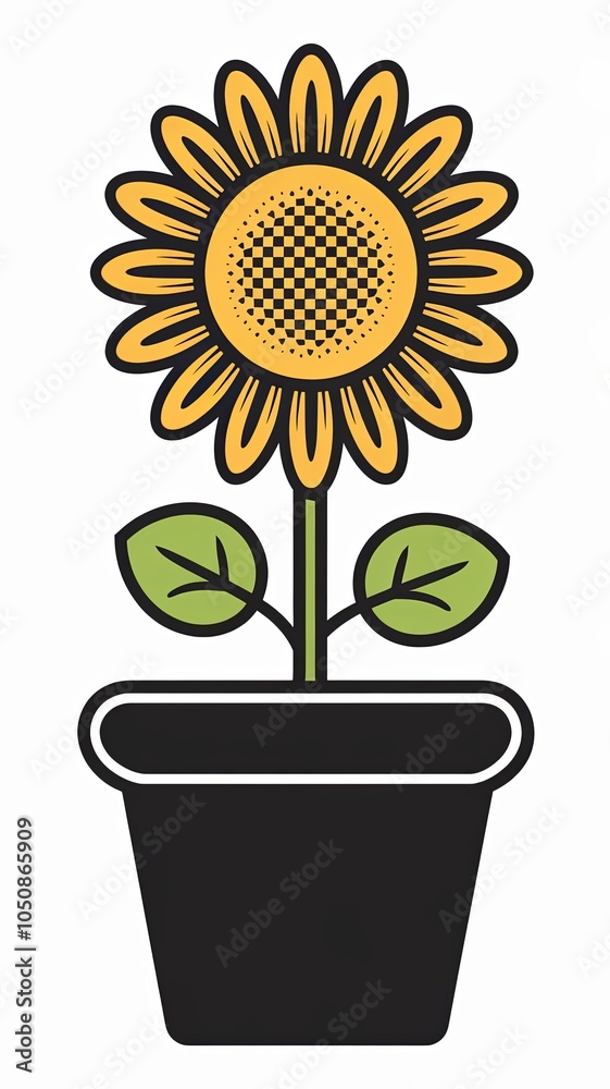 Obraz premium A vector-based, clean, flat, black, and white illustration of a Sunflower On Pot logo .Generative aI
