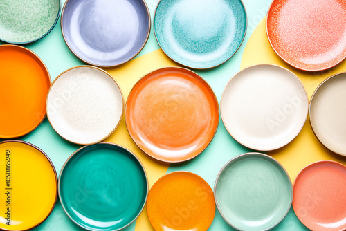 A variety of colorful plates on pastel background, showcasing vibrant designs