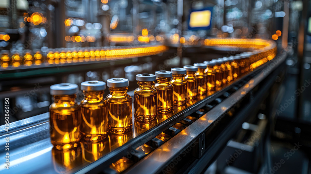 Medical vials move on conveyor belt in pharmaceutical factory, glass bottles on automated line. Concept of pharma, medicine, industry, production