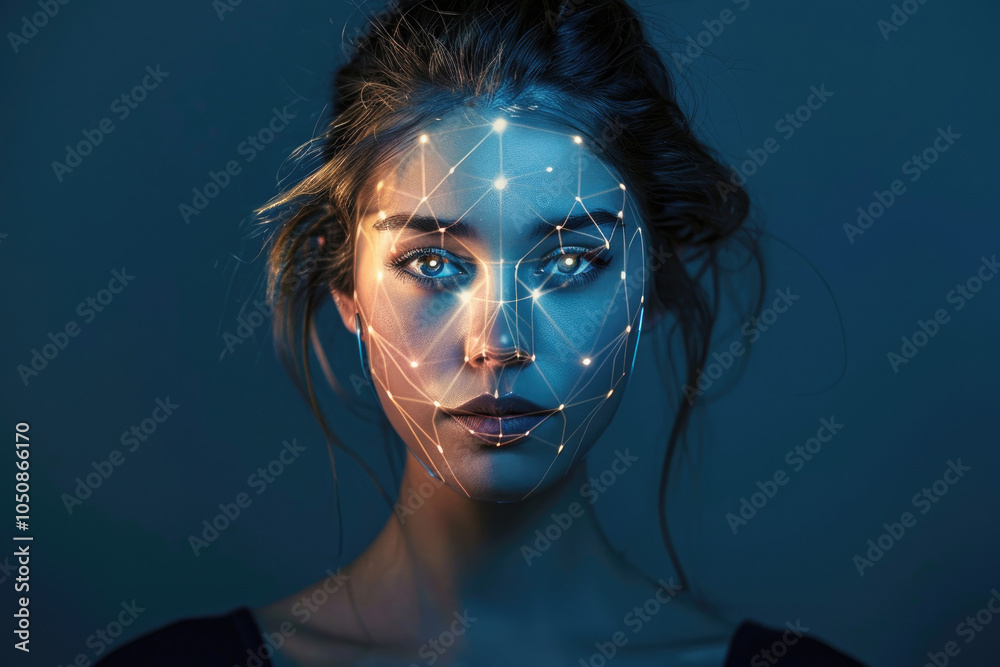 Facial recognition technology, face of young woman with digital glowing lines of biometric data on dark background. Concept of identification, person, id