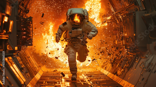 Obraz na płótnie Astronaut runs inside burning spaceship, fire and explosion in spacecraft or space station. Concept of disaster, accident, explode w salonie
