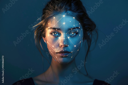 Obraz na płótnie Facial recognition technology, face of young woman with digital glowing lines of biometric data on dark background. Concept of identification, person, id w salonie