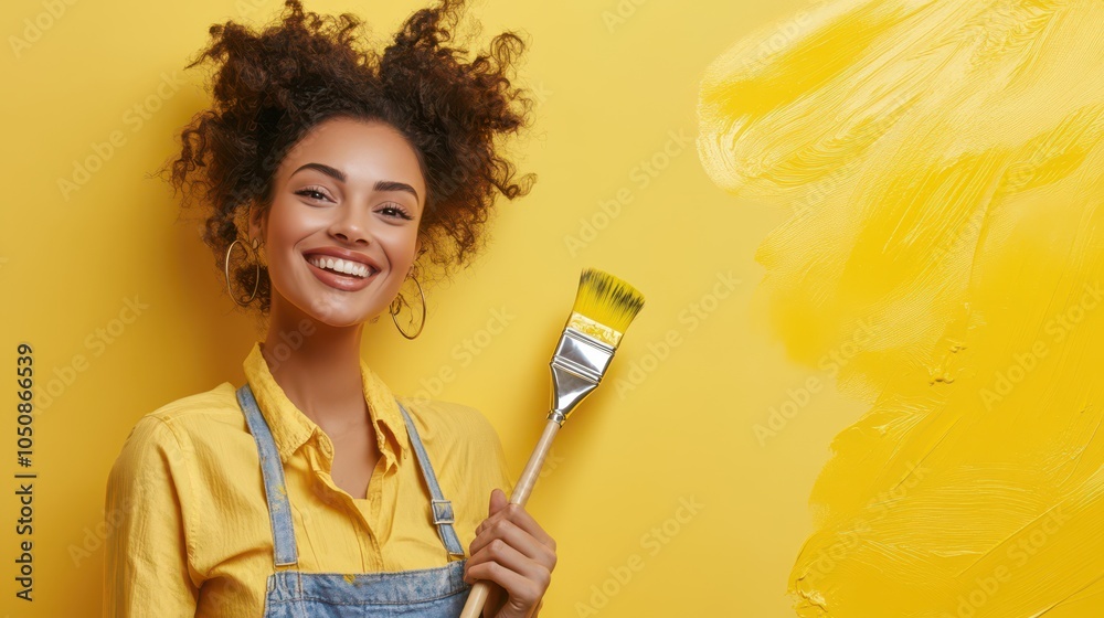 A woman joyfully painting a wall bright yellow with a large brush in a home improvement project A woman joyfully painting a wall bright yellow with a large brush in a home improvement project