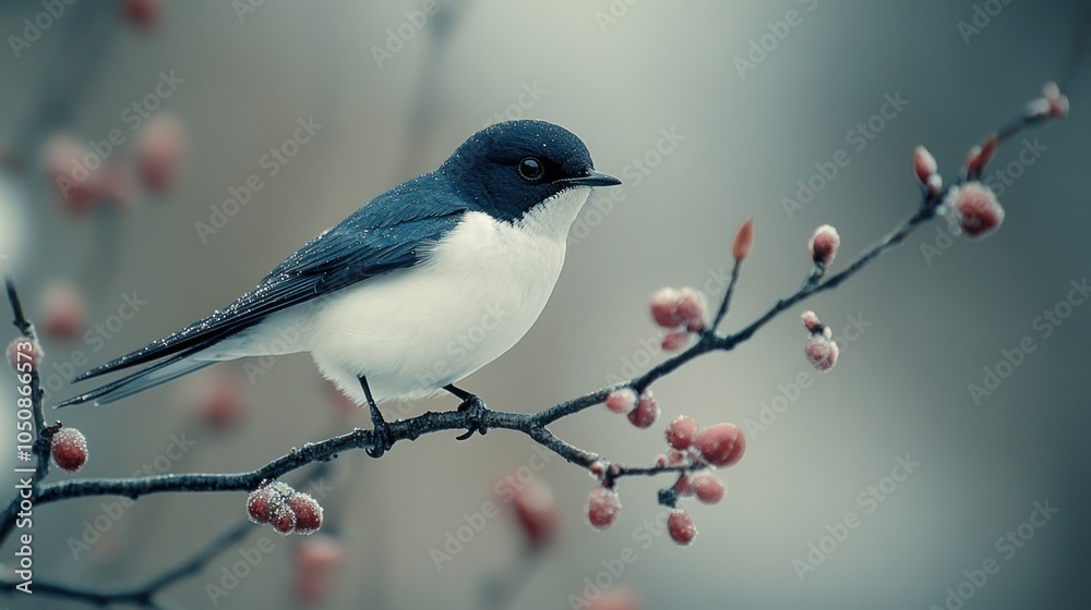 A small black and white bird perches on a branch with red berries. A small black and white bird perches on a branch with red berries.