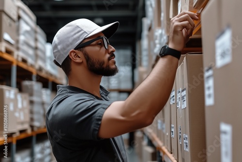 Warehouse worker organizing boxes by category