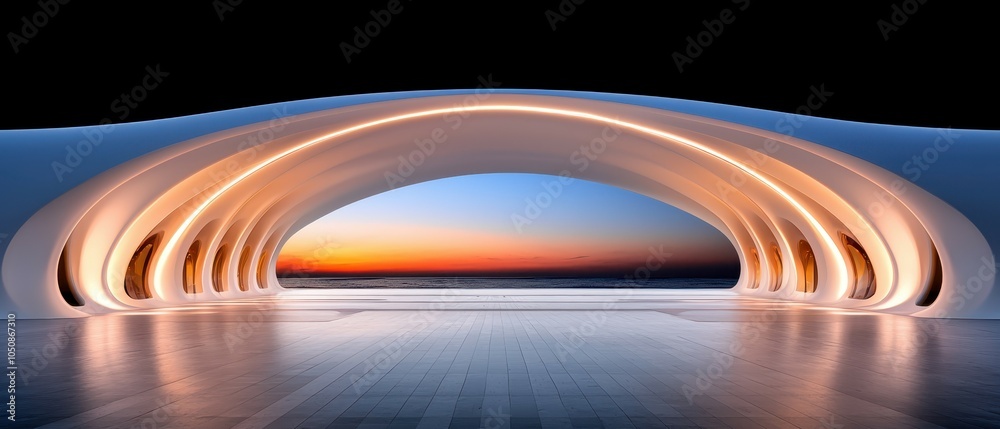 Fototapeta premium Stunning architectural design showcasing a serene sunset view through a futuristic archway