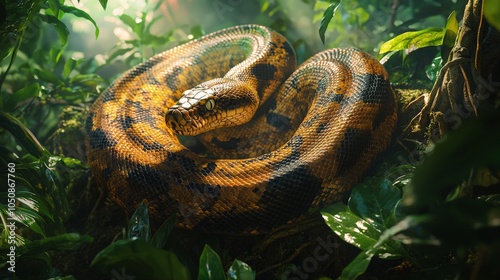 Large snake coiled in lush jungle habitat