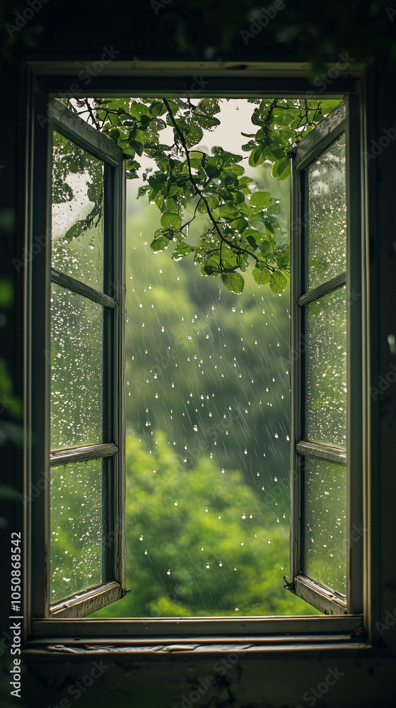 Fototapeta premium View from the window to the rainy forest. 