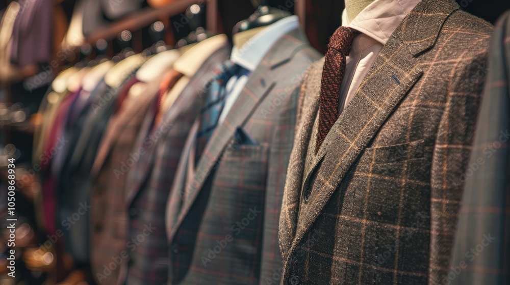 Naklejka premium An elegant men's suit on a mannequin inside a trendy boutique, emphasizing the luxury and modernity of the menswear store.