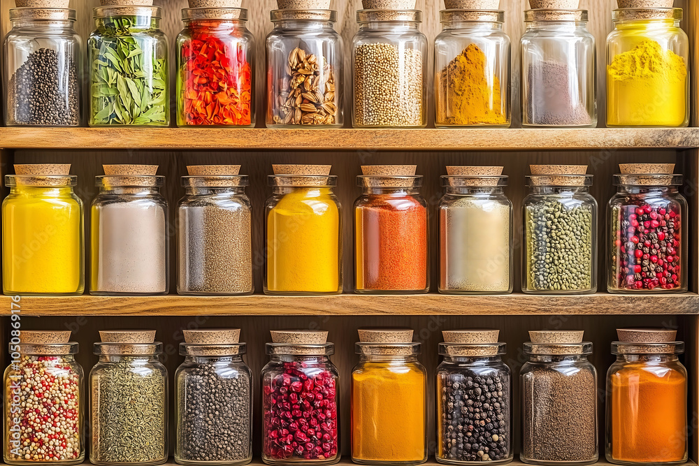 A close-up of glass jars filled with spices A close-up of glass jars filled with spices