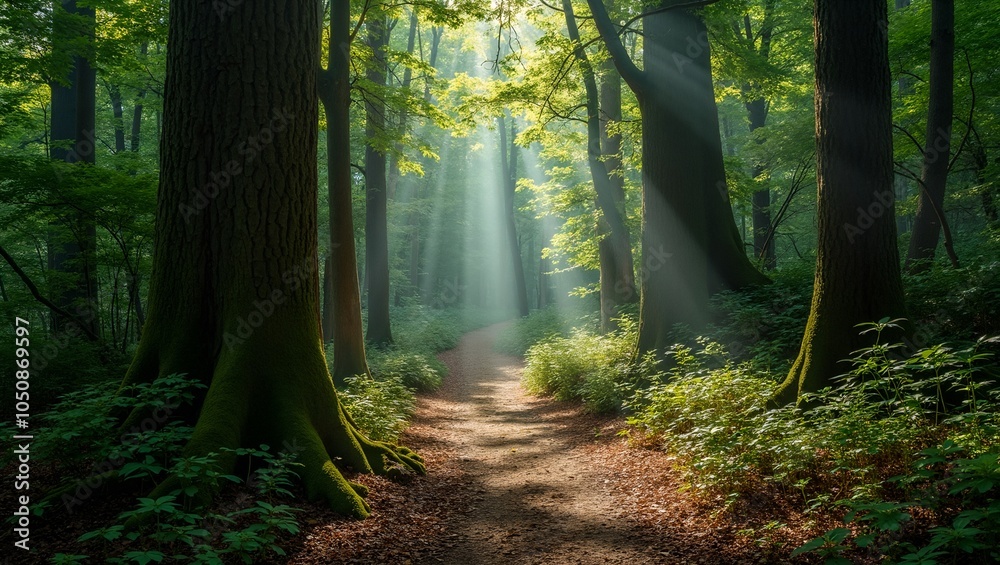 Obraz premium Enchanting forest trail with moss covered trees and sunlight filtering through canopy