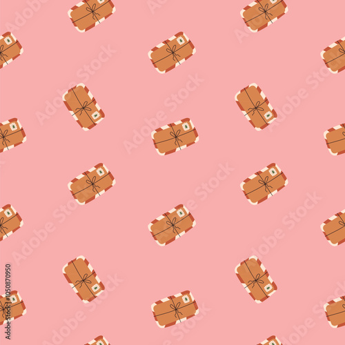 Seamless pattern with christmas gift boxes on pink background.