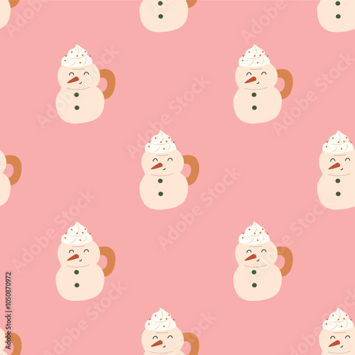christmas pattern with a cup of dark drink. seamless postern with a snowman. christmas and new year pattern