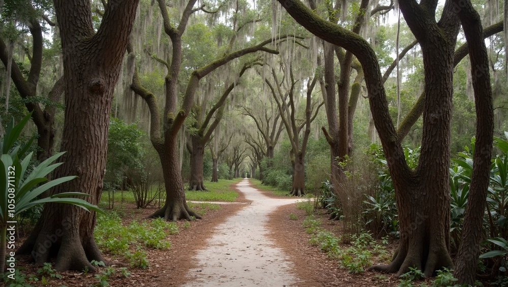 Fototapeta premium Mysterious swamp path with knobby cypress trees and hanging Spanish moss