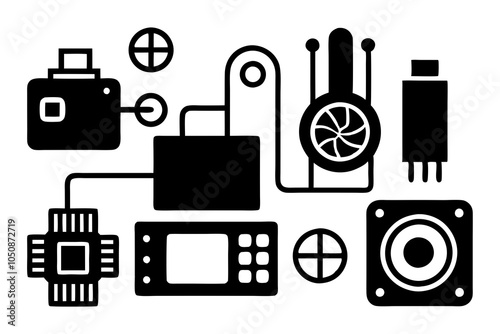 Set of electronic parts  icon set. 