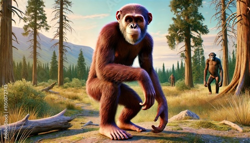 Prehistoric ape in a forest clearing with others in the background