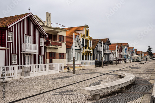 Street with colorful houses. Street with striped houses, Costa Nova, Aveiro, Portugal