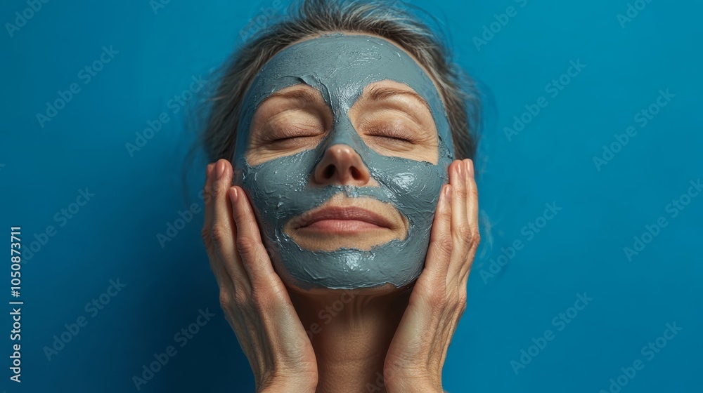 Mature woman is enjoying a moment of self care with a rejuvenating clay mask applied to her face, promoting a sense of wellness and relaxation Mature woman is enjoying a moment of self care with a rejuvenating clay mask applied to her face, promoting a sense of wellness and relaxation
