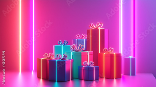 Stack of neon gift boxes with ribbon, light gift box for birthday, wedding, anniversary, party, event, gift guide, retail idea, advertising, Christmas gifts.AI generation