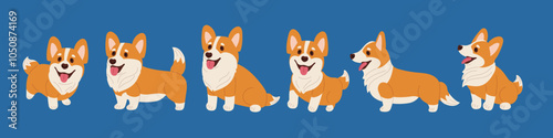 Set of Cheerful corgi puppy. Thoroughbred dog In different poses. Funny pet emotions. Pedigree animals. Puppy character with cheerful face expression. Pet, domestic animal. Flat vector illustration