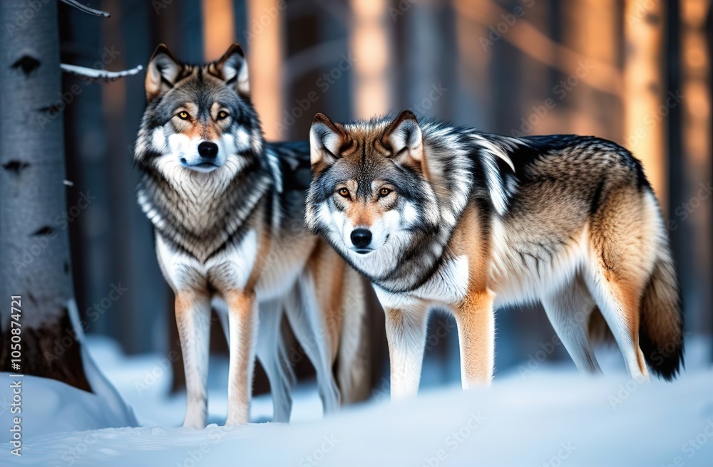 Fototapeta premium Two wolves stand next to each other in a snowy forest. The animals have beautiful gray fur.