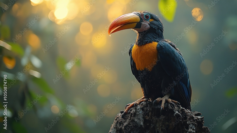 Fototapeta premium A vibrant toucan with a large, colorful beak perches on a tree trunk in a lush tropical forest with a soft, blurred background.