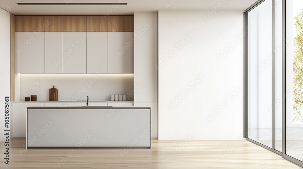 Mock-up of white wall in minimalist kitchen interior, empty space for your content