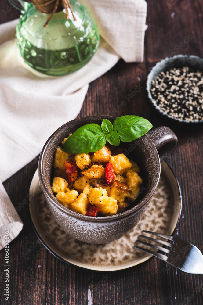 White bread pudding with egg, cheese and pepper in a cup on the table vertical view White bread pudding with egg, cheese and pepper in a cup on the table vertical view