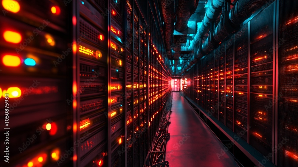 huge data center, filled with rows of servers with blinking lights huge data center, filled with rows of servers with blinking lights