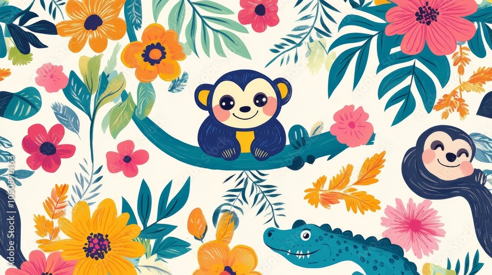 Fototapeta premium Cute and cheerful jungle design featuring monkeys, sloths, and crocodiles surrounded by vibrant florals and foliage