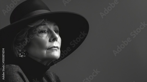 Elegant Elderly Caucasian Woman in Wide-Brimmed Hat Posing Thoughtfully in Sepia. Concept of Classic Fashion, Timeless Elegance, Beauty, Vintage Style. Black and White. Copy space